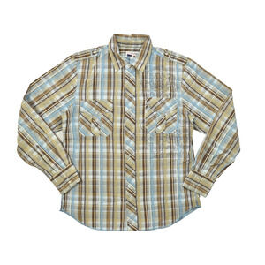 Rare Vintage Mens Large Plaid Western Snap Button Down Shirt Brown Blue Cotton